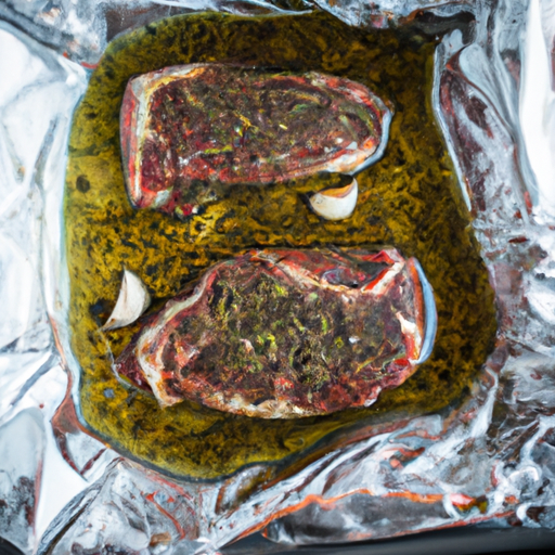 Steak marinating in a flavorful herb and garlic marinade