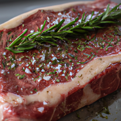 Seasoning a steak with salt, pepper, and herbs before cooking