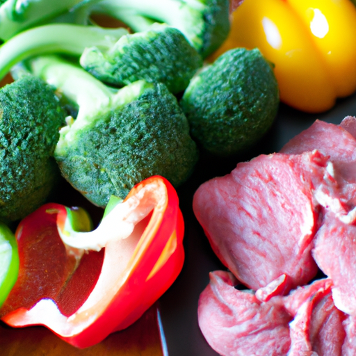 Fresh ingredients for Asian-inspired steak stir-fry including steak, bell peppers, and broccoli